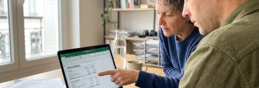 Vue par-dessus l'épaule de deux personnes consultant ensemble des documents financiers sur un ordinateur portable dans un bureau lumineux et contemporain